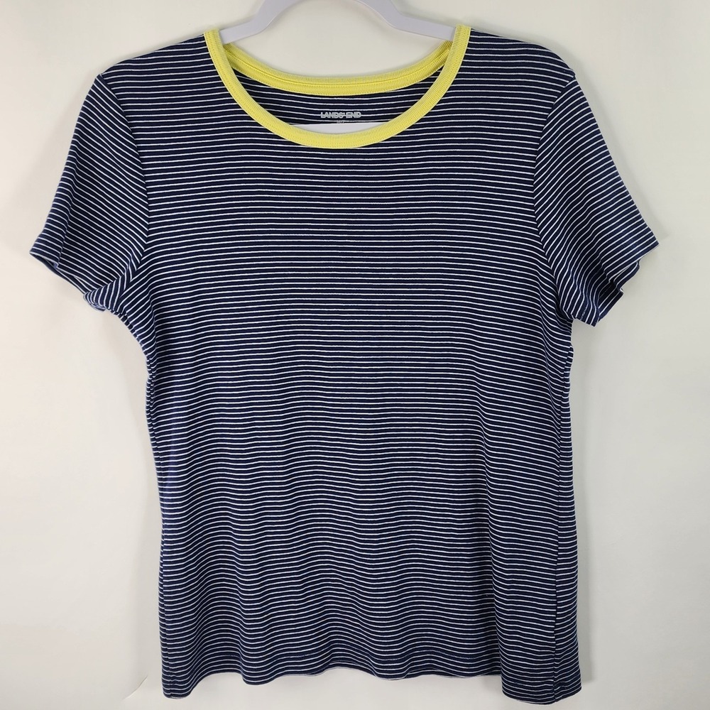 Lands' End Striped Top Women's M Navy Short Sleeve Stretch Nautical Coastal